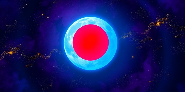 Una luna azul brillante y estilizada eclipsando sutilmente una estrella roja gigante, con un fondo de nebulosas violetas y doradas. Estilo impresionista y onírico, con pinceladas sueltas y una paleta de colores fríos y cálidos contrastantes. Sin elementos humanos.
