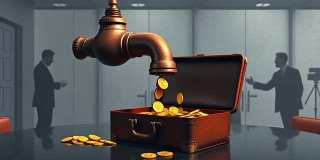 Una ilustración conceptual y satírica. Un grifo industrial gigante de metal oxidado que gotea monedas de oro sobre un maletín de cuero abierto. De fondo, una oficina gubernamental gris y fría con sombras de figuras estrechando manos secretamente. Estilo editorial de revista política, colores contrastados, atmósfera de corrupción sofisticada.