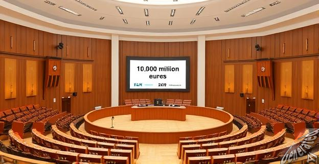 Imagen de un hemiciclo del Congreso de los Diputados español vacío, con una pantalla mostrando 