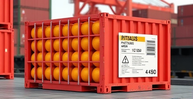 Imagen de un contenedor de cítricos en un puerto de la Unión Europea con una etiqueta de inspección fitosanitaria