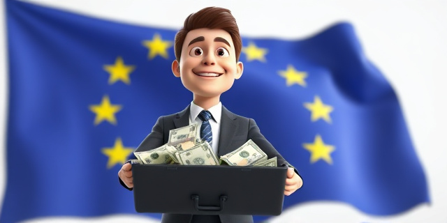 Una imagen de una persona con un traje y corbata, con una sonrisa en el rostro, mientras sostiene un maletín lleno de dinero. En el fondo, una bandera de la Unión Europea.