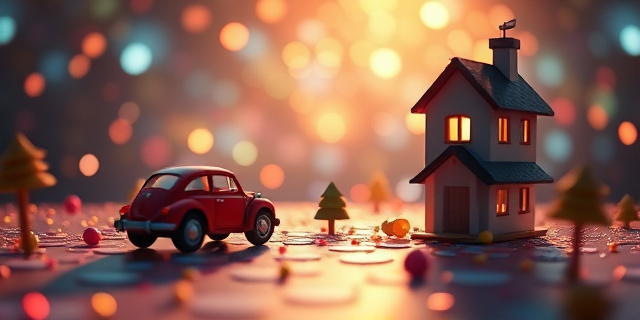 Una escena surrealista que representa la memoria infantil como un mosaico de fragmentos brillantes: un coche de juguete, un corazón y una casa, entrelazados con luces suaves y sombras que se funden, simbolizando cómo el cerebro reconstruye recuerdos.