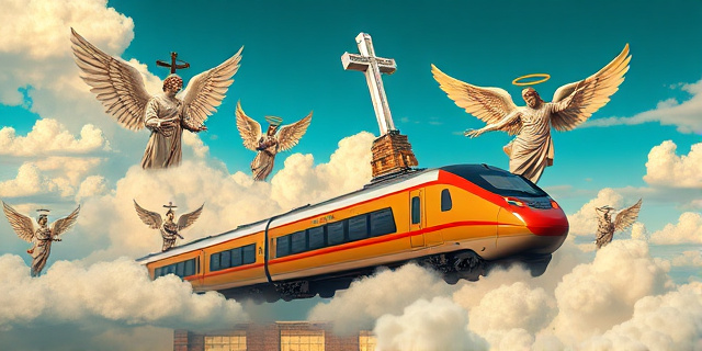 Una composición surrealista que representa un tren a alta velocidad atravesando un cielo lleno de nubes con formas de ángeles y demonios. El tren está adornado con símbolos religiosos y tecnológicos, creando un contraste visual impactante. La paleta de colores debe ser rica y vibrante, con tonos dorados, azules y rojos. El estilo artístico debe ser similar al del realismo mágico, con un toque de ironía y crítica social.