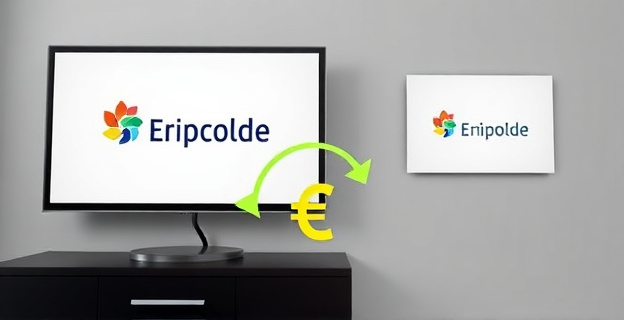 Una televisión con una pantalla que muestra un logotipo corporativo con colores vivos y tipografía moderna. Al lado, una imagen de archivo con el logotipo antiguo. Entre ambas imágenes, un gráfico que muestra una flecha de transición con un símbolo de euro en el centro, representando el elevado coste de la actualización.