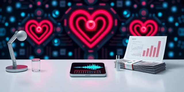 Una ilustración conceptual y satírica que muestre un escritorio de oficina moderno y minimalista. Sobre la mesa hay un smartphone con una onda de audio brillante y colorida, junto a un fajo de billetes de dólares y un informe corporativo con gráficos. El fondo es un entorno digital abstracto con circuitos integrados que forman corazones, sugiriendo la unión entre la tecnología fría y el deseo humano, estilo arte digital limpio y cínico.