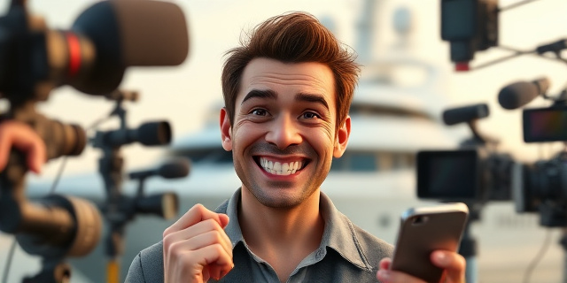 Un hombre sonriente con un yate de fondo, rodeado de cámaras y micrófonos, con un teléfono en la mano y una sonrisa irónica en el rostro