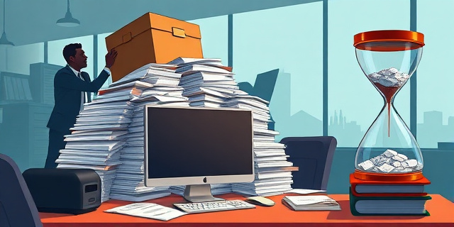 Una ilustración satírica de estilo editorial. Un escritorio de oficina donde el ordenador ha sido sustituido por una montaña de bajas médicas y expedientes. Al fondo, una silueta de un trabajador cargando una caja gigante que representa el 