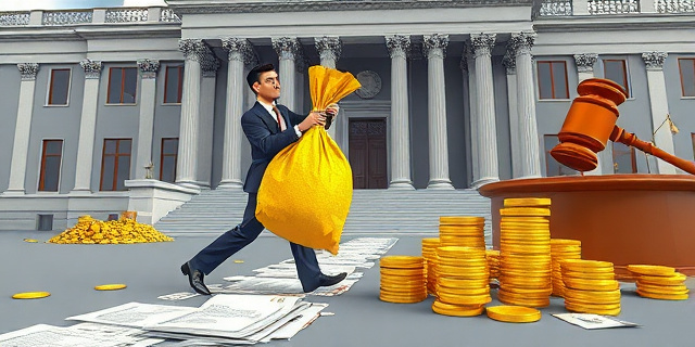 Una ilustración satírica de estilo editorial. Un hombre con traje elegante sostiene un saco enorme de monedas de oro mientras camina sobre un camino de papeles judiciales. Detrás de él, un mazo de juez golpea una mesa, pero el mazo es de goma y no hace efecto. El fondo es un edificio gubernamental gris y aburrido, contrastando con el brillo dorado del dinero. Estilo de caricatura política de periódico serio, colores sobrios con el oro resaltado.