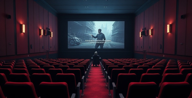 Una sala de cine casi vacía con una sola persona sentada, y en la pantalla una película con subtítulos en español. Alrededor, butacas vacías y una atmósfera de abandono.