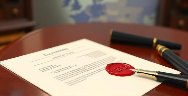 Una carta formal sobre un escritorio de madera pulida, con un sello lacrado de la Unión Europea y una pluma estilográfica antigua. Al fondo, un mapa de Europa difuminado, simbolizando la política continental. La escena transmite seriedad y decisiones importantes.