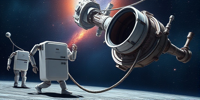 Una ilustración satírica y cinematográfica en el espacio. Un pequeño robot con forma de refrigerador blanco y brazos mecánicos intentando empujar un telescopio espacial masivo y oxidado. Fondo de galaxias profundas con colores vibrantes. Estilo de arte conceptual digital, detallado, con un toque de humor absurdo.