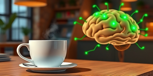 Un ambiente de cafetería con una taza de café humeante sobre una mesa, junto a un cerebro estilizado con luces verdes y líneas que recuerdan circuitos neuronales, todo iluminado con tonos cálidos que evocan la sensación de alerta y al mismo tiempo, sombras que sugieren la falta de sueño.