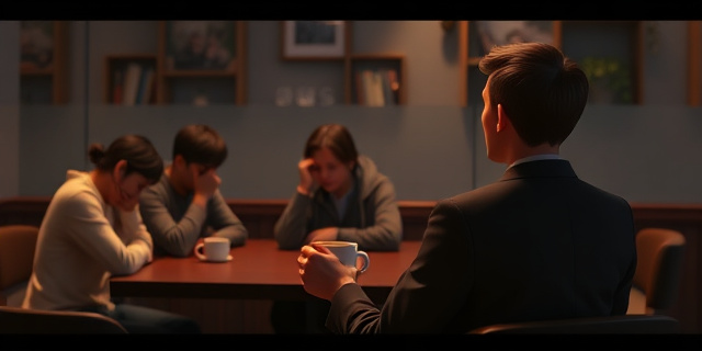 Una mesa de café con varias personas sentadas, todas con la cabeza inclinada y mirando en la misma dirección, mientras una figura en el primer plano, con un gesto de duda, sostiene una taza de café y mira hacia otro lado. La atmósfera transmite tensión y silencio, sin mostrar rostros específicos, con una luz tenue que resalta el contraste entre el grupo y el individuo.