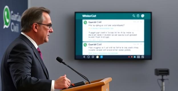 Imagen de un político en una rueda de prensa negando acusaciones, con una pantalla detrás mostrando mensajes de WhatsApp que lo contradicen. Al fondo, un logotipo de la Guardia Civil.