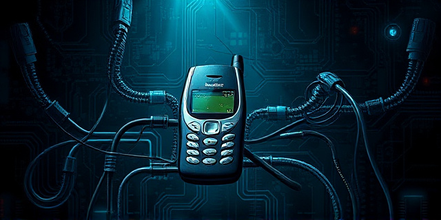 Una composición surrealista que combine un teléfono móvil Nokia antiguo (modelo de principios de los 2000) con un laberinto de cables y circuitos electrónicos. El fondo debe ser oscuro y misterioso, con destellos de luz que simulen información oculta. El estilo artístico debe ser cercano al neoexpresionismo, con pinceladas gruesas y colores contrastantes.
