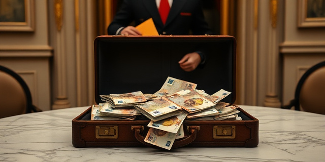 Una ilustración conceptual y satírica. Un maletín de cuero antiguo abierto sobre una mesa de mármol, desbordando fajos de billetes de euros. Al fondo, la silueta borrosa de un portero de hotel clásico con uniforme y gorra, sosteniendo un sobre amarillo. Estilo de arte editorial de revista financiera, con colores contrastados y una atmósfera de misterio y opulencia.