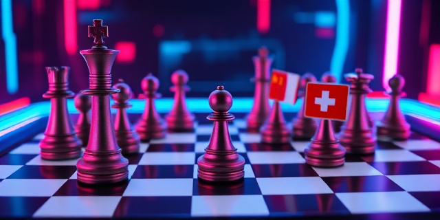 Imagen conceptual: Un tablero de ajedrez futurista con piezas representando diferentes países. España está representada por una pieza de árbitro, pequeña y alejada del centro del tablero, donde las piezas de otros países (EE.UU., China, Suiza) se enfrentan en una partida estratégica. El tablero está iluminado por luces de neón, simbolizando la tecnología.