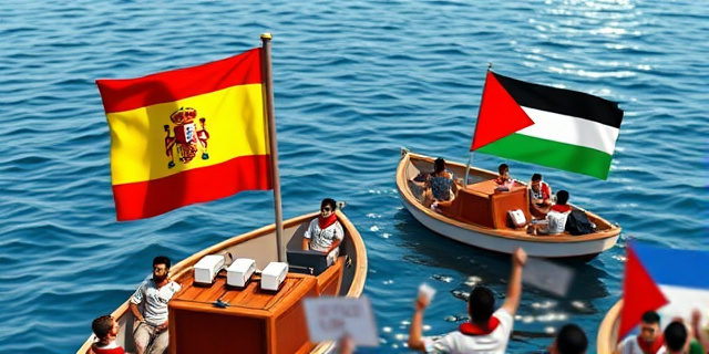 Una imagen de una flotilla de barcos en el mar, con una bandera española y una bandera palestina, rodeada de personas con pancartas y carteles