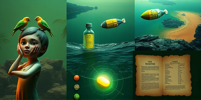 Un collage surrealista que muestra aves tropicales sobre rocas, una figura humana examinando muestras de intestino bajo luz fluorescente, una cápsula espacial flotando sobre un océano, una pastilla brillante y un pergamino antiguo con hierbas, todo en tonos verdes y ocres, sin rostros ni textos explícitos
