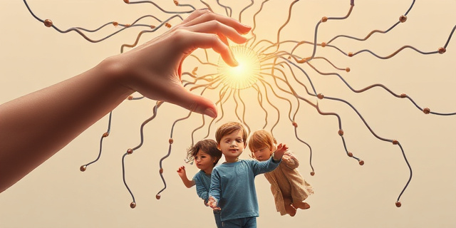 Ilustración conceptual que represente una mano humana protegiendo a un grupo de niños pequeños de una red de circuitos que se extiende como enredaderas. Los colores deben ser suaves y cálidos para los niños, y fríos y metálicos para la tecnología. El estilo debe ser pictórico y expresionista.