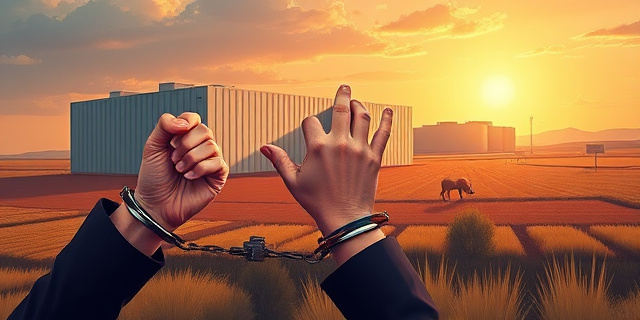 Una ilustración satírica al estilo editorial de periódico. En primer plano, unas manos esposadas que intentan aplaudir, mientras al fondo se ve la silueta fría y geométrica de un centro de datos masivo y moderno contrastando con un paisaje rural de Kansas. Colores contrastados, atmósfera de tensión burocrática.