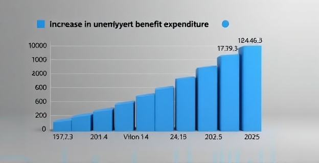 Una gráfica que muestra el incremento del gasto en prestaciones por desempleo en España, con una línea ascendente que representa el aumento de los 17.469,3 millones de euros en 2018 a 24.421 millones en 2025, en un fondo con tonos de gris y azul que evocan seriedad y estadísticas.