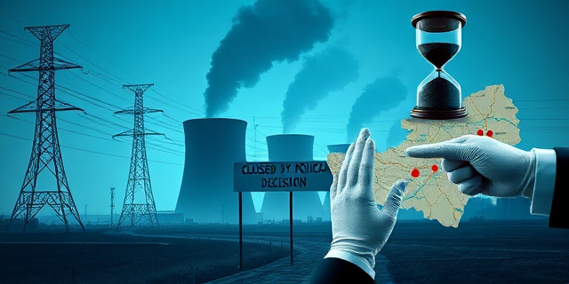
  Imagen surrealista en tonos fríos (azules eléctricos y grises metálicos) que representa una central nuclear envejecida (Almaraz) con cables de alta tensión rotos y un cartel de ‘CERRADO POR DECISIÓN POLÍTICA’. Al fondo, siluetas de eurodiputados con maletines abiertos mostrando documentos con cifras rojas (14 recomendaciones) y un reloj de arena que derrama arena negra (dependencia energética). En primer plano, dos manos: una con un guante blanco (PSOE) tapando los ojos, y otra señalando un mapa de Extremadura con puntos rojos (pueblos afectados). Estilo: mezcla de Blade Runner y El Quijote (grabados antiguos con tecnología moderna). Sin rostros reconocibles.