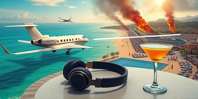 Una ilustración satírica de estilo editorial. Un lujoso jet privado aterrizando en una playa paradisíaca con una piscina y pista de tenis, mientras que en el fondo, separada por una línea divisoria surrealista, se ve una ciudad costera caótica con humo de incendios y multitudes. En primer plano, unos auriculares de lujo descansando sobre una mesa de mármol junto a un cóctel, simbolizando la desconexión total entre el lujo y la crisis.