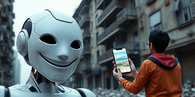 Una ilustración conceptual y satírica. Un robot elegante con una sonrisa falsa sostiene una máscara de hotel lujoso frente a un edificio derruido, sucio y oscuro. De fondo, un turista confundido mira una pantalla de smartphone que muestra un paisaje paradisíaco mientras el entorno real es caótico. Estilo editorial moderno, colores contrastados entre el neón digital y la decadencia gris.