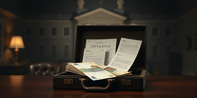 Una ilustración satírica de estilo editorial. Un maletín de cuero abierto sobre una mesa de oficina oscura, del cual emergen invitaciones de boda elegantes y contratos de alquiler, mezclados con fajos de billetes de euros. Al fondo, una silueta borrosa de un edificio gubernamental clásico bajo una luz cenital dramática, creando un ambiente de despacho secreto y corrupción.
