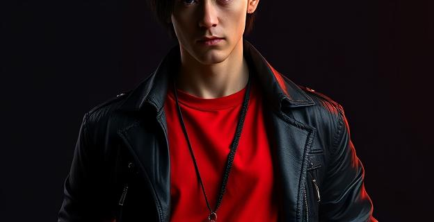 Imagen de una persona vistiendo ropa negra y roja, con expresiones faciales intensas y un fondo oscuro que resalta los colores. La vestimenta incluye prendas como chaquetas de cuero negro y camisetas rojas, con accesorios que complementan los tonos intensos.