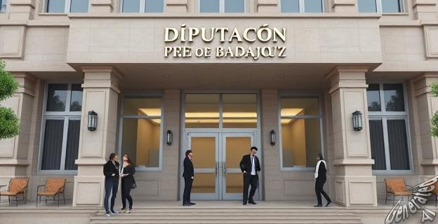 Una imagen de un edificio institucional con una placa que dice Diputación de Badajoz y personas en un despacho