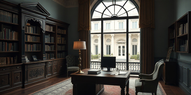 Una oficina elegante en un palacio gubernamental; estanterías de libros antiguos, una mesa de madera con papeles desordenados, una lámpara de diseño moderno, y una ventana amplia con vista a un patio interior. La escena transmite autoridad y tensión, sin mostrar rostros humanos.