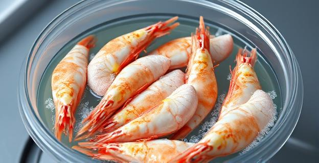 Imagen de una tarrina con gambas congeladas siendo descongeladas en agua con sal y limón