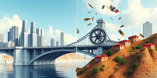 Una ilustración conceptual y surrealista que represente el flujo de dinero entre Europa y África. Un puente hecho de billetes y monedas que se está fragmentando debido a unos grandes engranajes burocráticos metálicos y fríos que representan la regulación europea. De un lado, una ciudad europea moderna y gris; del otro, un paisaje marroquí vibrante. Estilo editorial de revista económica, colores contrastados, sin personas reales.
