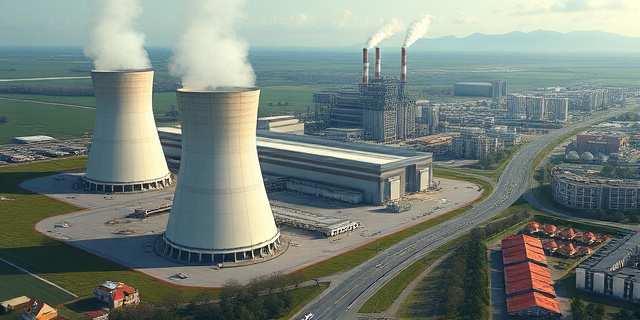 Una central nuclear rodeada de una comunidad próspera, con una gran fábrica al fondo y una carretera que conduce a la ciudad