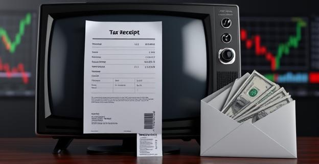 Imagen de una televisión con un recibo de impuestos al lado, con un fondo de gráficos de acciones y un sobre con dinero en efectivo