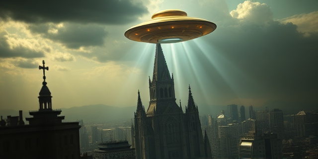 Una composición cinematográfica surrealista que mezcla elementos de ciencia ficción y religión: un platillo volante dorado flotando sobre una catedral gótica antigua, con rayos de luz divina descendiendo sobre una ciudad moderna. Estilo de iluminación dramática, colores saturados, atmósfera de misterio y épica, sin personas reales, enfoque artístico y conceptual.