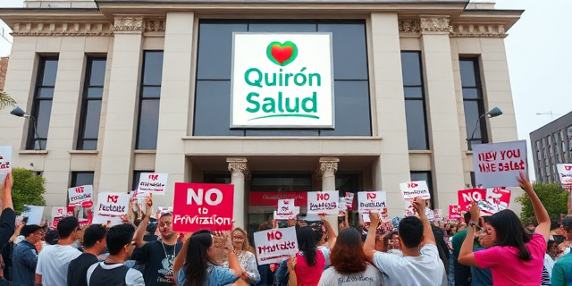  Una imagen de un edificio del Ministerio de Sanidad con un logotipo de Quirón Salud en la fachada, rodeado de personas protestando con carteles que dicen «No a la privatización»
