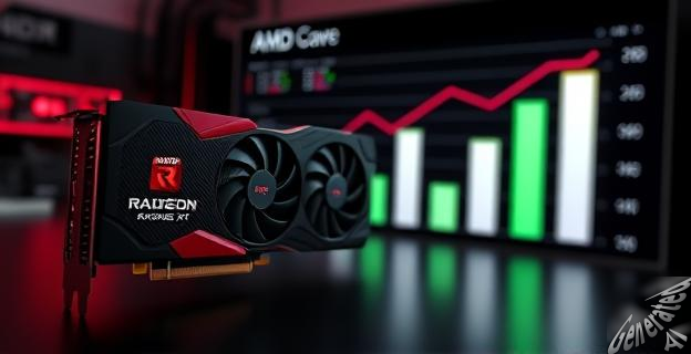 Gráfica de computadora con una tarjeta gráfica AMD Radeon RX9070 XT en primer plano, con una comparativa de ventas en un gráfico de barras al fondo.
