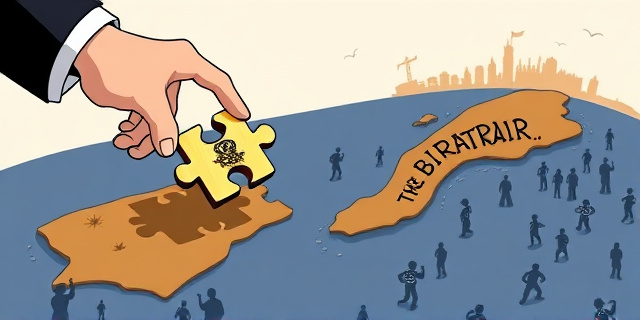 Una ilustración conceptual y satírica que muestra un mapa estilizado del estrecho de Gibraltar. Sobre el mapa, una mano gigante con un anillo real intenta desplazar una pieza de puzzle que representa una ciudad fortificada, mientras que al fondo se ven siluetas de personas nadando en un mar de tinta. Estilo de caricatura editorial de periódico, colores contrastados, atmósfera de tensión diplomática.