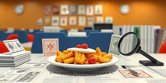 Una ilustración satírica de un comedor universitario moderno donde un plato de comida está rodeado de sellos oficiales, carpetas de contratos burocráticos y lupas de inspectores, estilo editorial de periódico, colores contrastados, atmósfera de oficina gubernamental mezclada con cafetería.