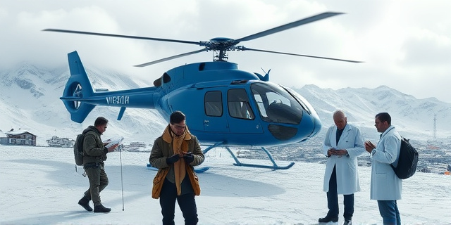Una escena dramática en la base del Monte Everest: un helicóptero azul se eleva sobre nieve brillante, mientras guías con cuadernos y médicos con batas blancas revisan papeles de forma exagerada. Al fondo, una ciudad de montaña con nubes bajas y un cielo gris que sugiere un ambiente tenso y misterioso.
