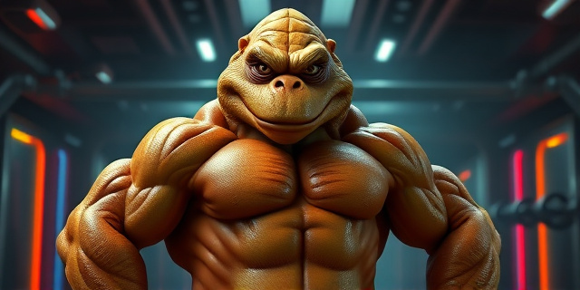 Ilustración digital de un Hutt musculoso y heroico, con una expresión amable, posando en un gimnasio futurista. Luz tenue, colores vibrantes, detalles en la musculatura que contrasten con la textura gelatinosa. Estilo artístico: ciencia ficción pulp.