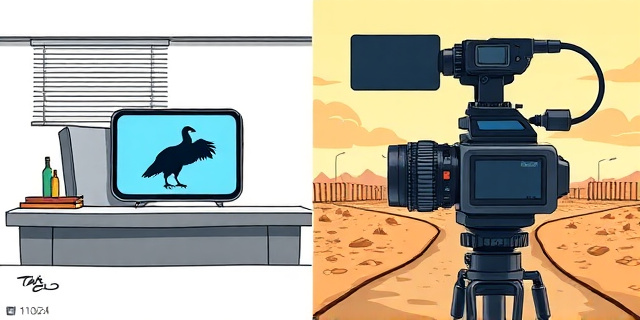 Una ilustración satírica de estilo editorial. En un lado, un escritorio gubernamental minimalista y frío con un smartphone mostrando la silueta de un buitre digital. En el otro lado, una cámara de televisión profesional enfocando un paisaje fronterizo caótico y polvoriento. Colores contrastados, estilo caricatura política sofisticada, sin rostros reales.