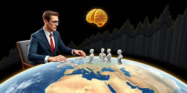 Una ilustración satírica de estilo editorial. Un hombre con traje de profesor universitario juega al póker en una mesa de cristal flotando sobre la Tierra. En lugar de fichas, apuesta pequeños bustos de personas y siluetas humanas. Frente a él, una inteligencia artificial representada como un cerebro mecánico dorado y frío. Fondo oscuro con gráficos bursátiles ascendentes que se transforman en grietas en el planeta.