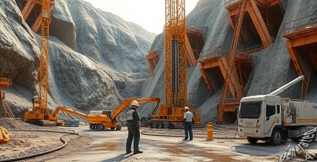 Una imagen de una mina de oro en China con geólogos trabajando en una zona de perforación profunda, rodeados de equipo de modelado 3D y tecnología avanzada.
