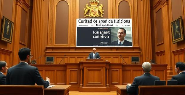 Imagen de un tribunal de justicia español con un juez dictando sentencia, con un titular de periódico en el fondo que muestra la noticia de la condena al fiscal general del Estado.
