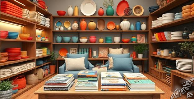 Una tienda de decoración con artículos coloridos y modernos, con estanterías llenas de vajillas, mantas y cojines, y una sección de libros de decoración en una mesa central.