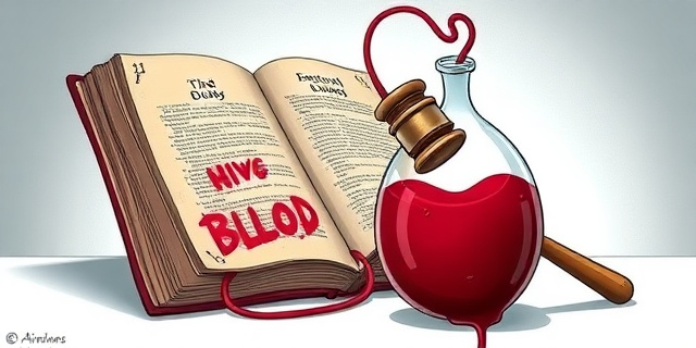 Una ilustración satírica que muestra una bolsa de sangre conectada a un diccionario antiguo y polvoriento, con un mazo de juez golpeando la bolsa. Estilo de caricatura editorial de periódico, colores contrastados, fondo minimalista que sugiera un entorno clínico pero absurdo.